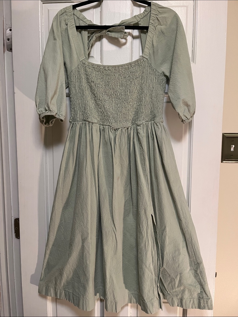 Nasty Gal Sage Green Smocked Dress with Puff Sleeves